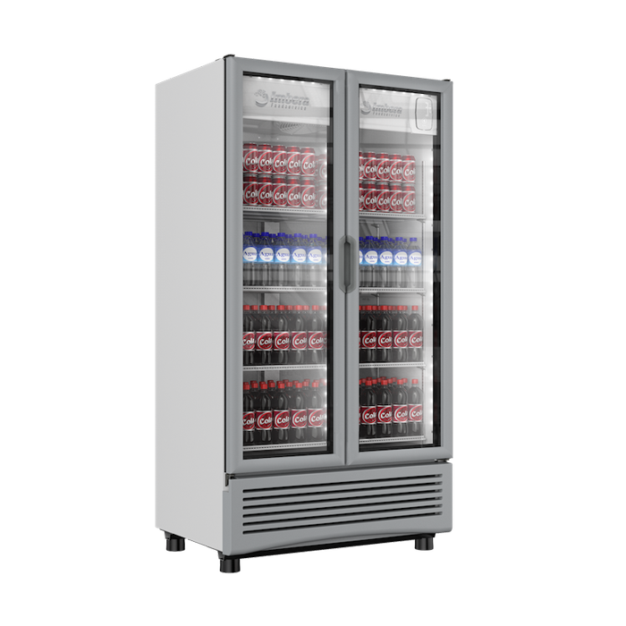 Refrigerador vertical VRD26 Imbera 26 pies cúbicos blanco exhibe iluminación LED de ahorro de energía y dos puertas de cristal