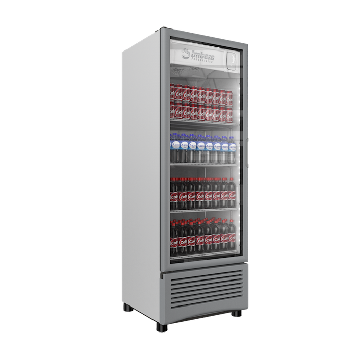 Refrigerador vertical VR20 Imbera de 20 pies cúbicos blanco muestra iluminación LED de ahorro de energía y puerta de cristal
