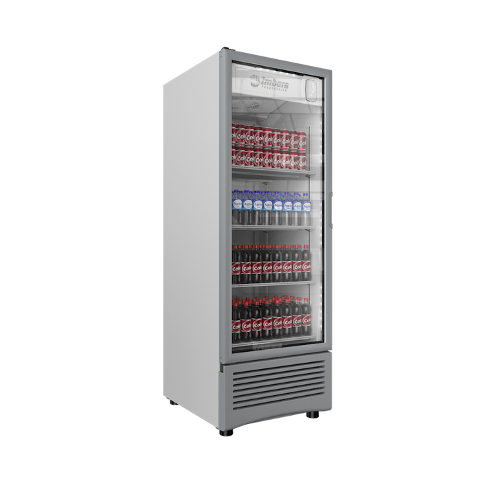 Refrigerador vertical VR25 Imbera de 25 pies cúbicos blanco muestra iluminación LED de ahorro de energía y puerta de cristal