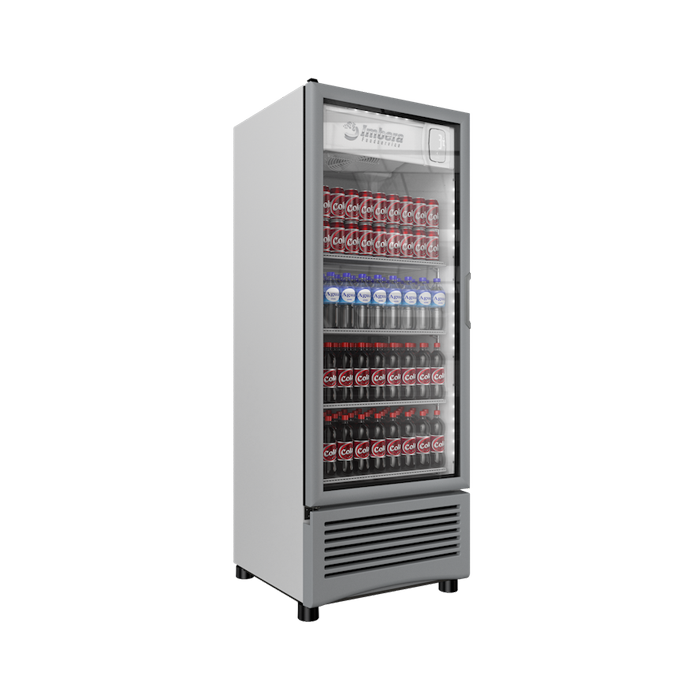 Refrigerador vertical VR17 Imbera de 17 pies cúbicos blanco muestra iluminación LED de ahorro de energía y puerta de cristal