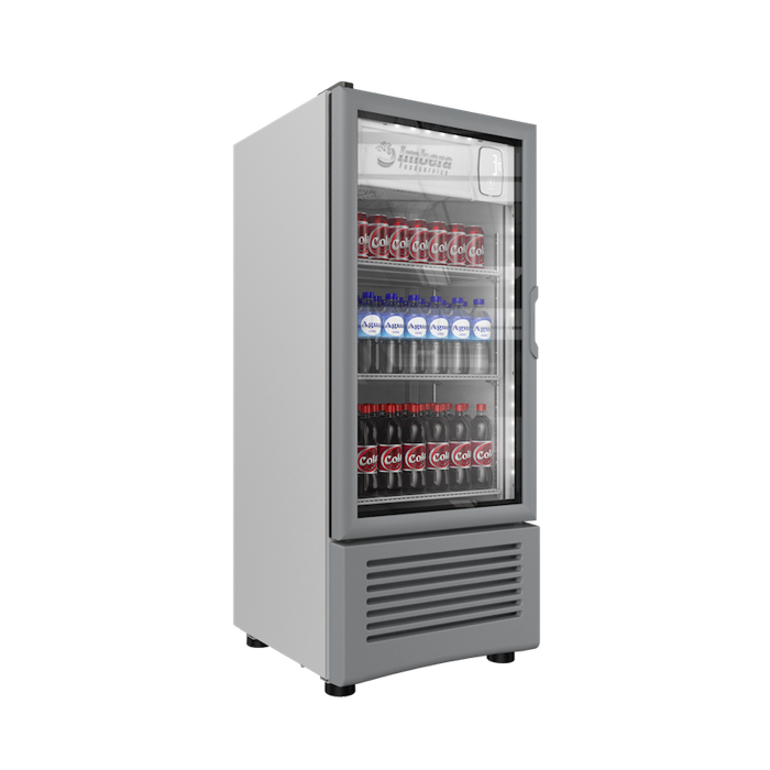 Refrigerador vertical VR09 Imbera de 9 pies cúbicos blanco muestra iluminación LED de ahorro de energía y puerta de cristal