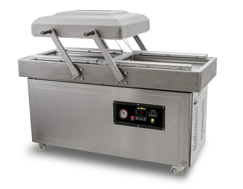 Empacadora al vacío doble cámara EVAC-60 Rhino, bomba 60m3/hr, 4 barras selladoras 59 cms, llantas y freno