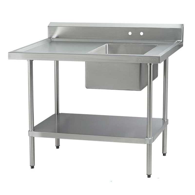 Mesa de trabajo tarja derecha MELT1D18 International 180x70x90 cm, lambrin pared, entrepaño, desarmable, acero inoxidable
